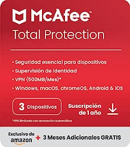 McAfee Total Protection 2023 | Exclusivo en Amazon | 3 Dispositivos | 12 Meses + 3 | Software de seguridad en Internet con antivirus | VPN | Descargar Código